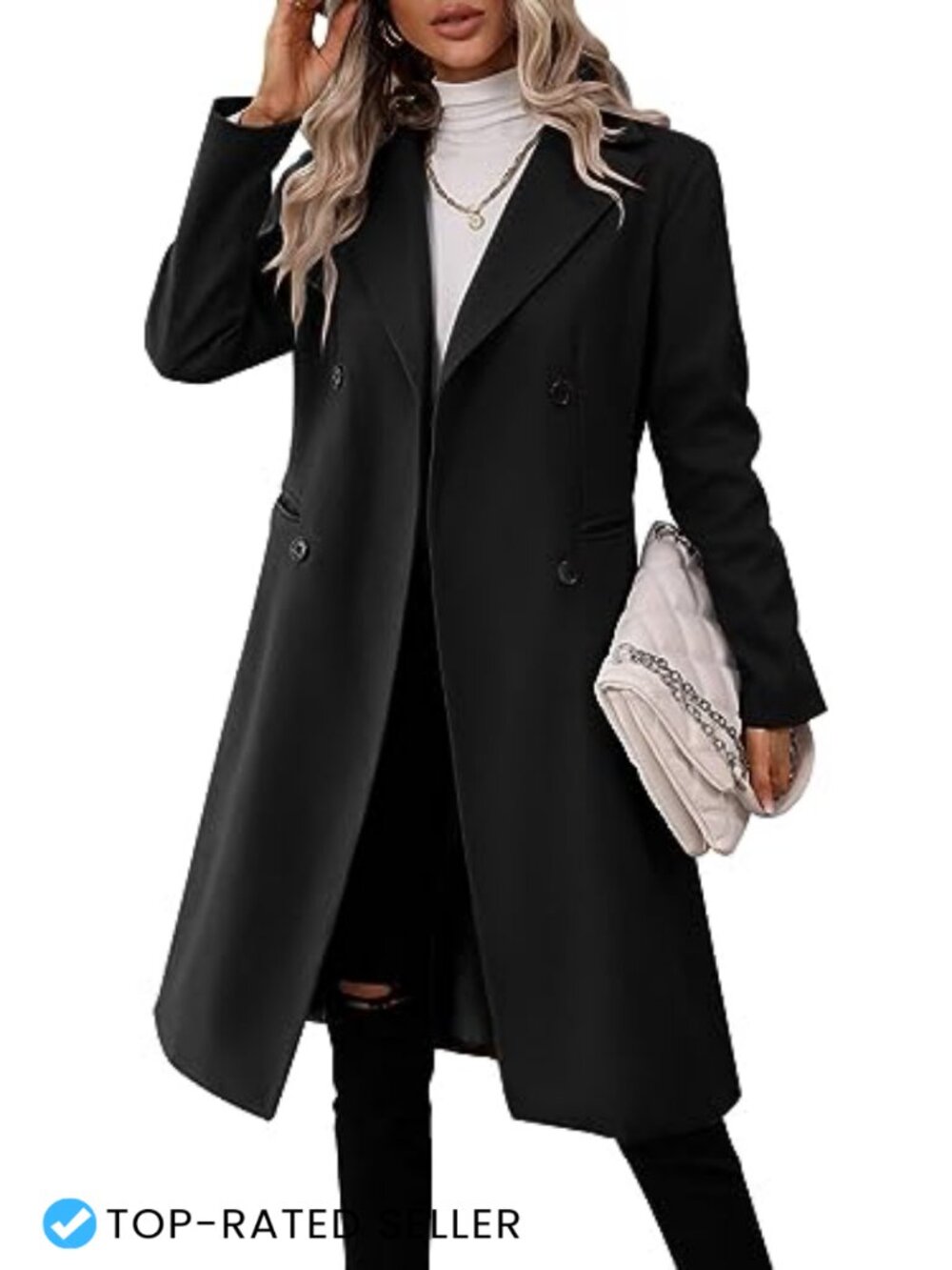 Women's Long Double Breasted Pea Coat Lapel Collar Slim Fit Winter Overcoat